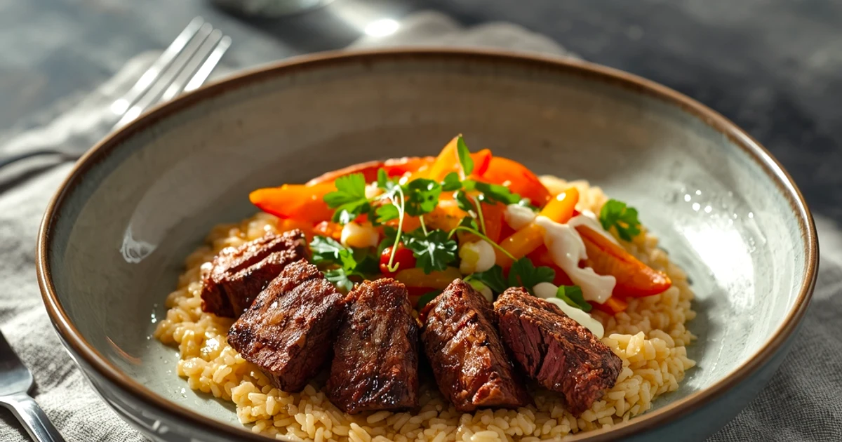 Bol gourmand de bœuf grillé, légumes de saison et sauce onctueuse au yaourt