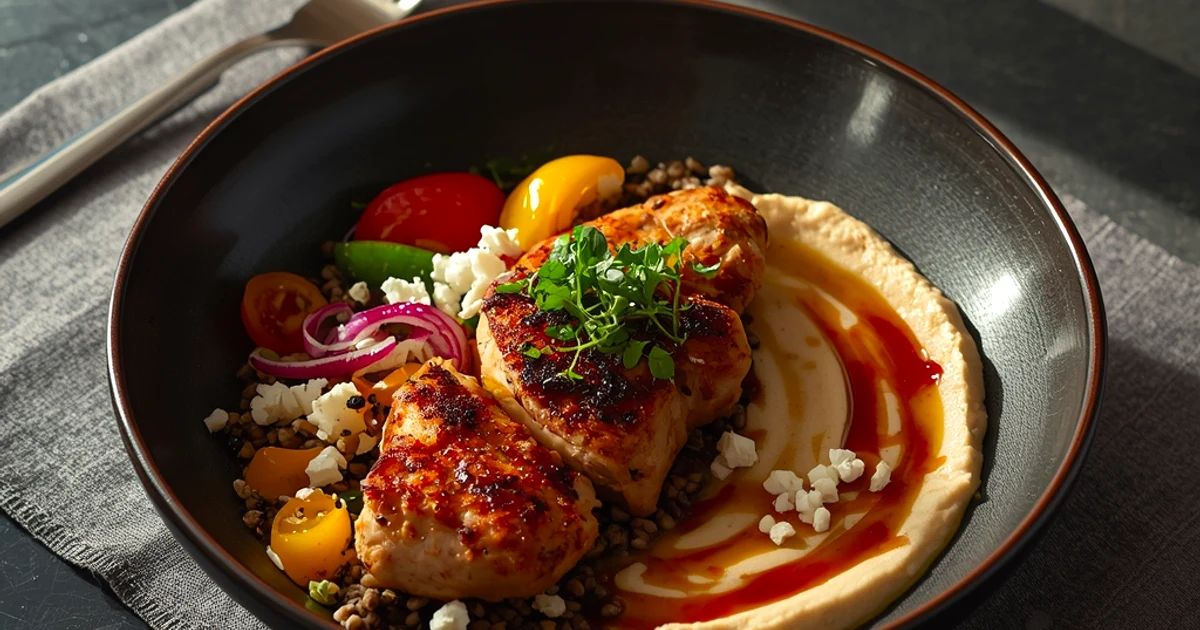 Bol gourmand de houmous onctueux au poulet grillé et quinoa croustillant