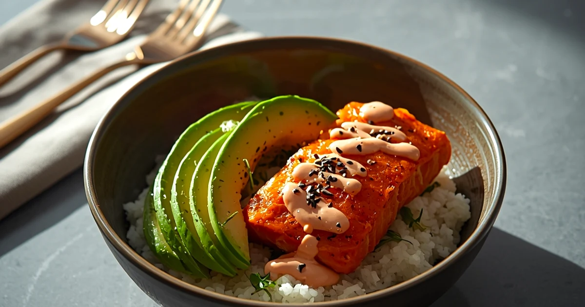 Bol de saumon croustillant au riz chaud et avocat