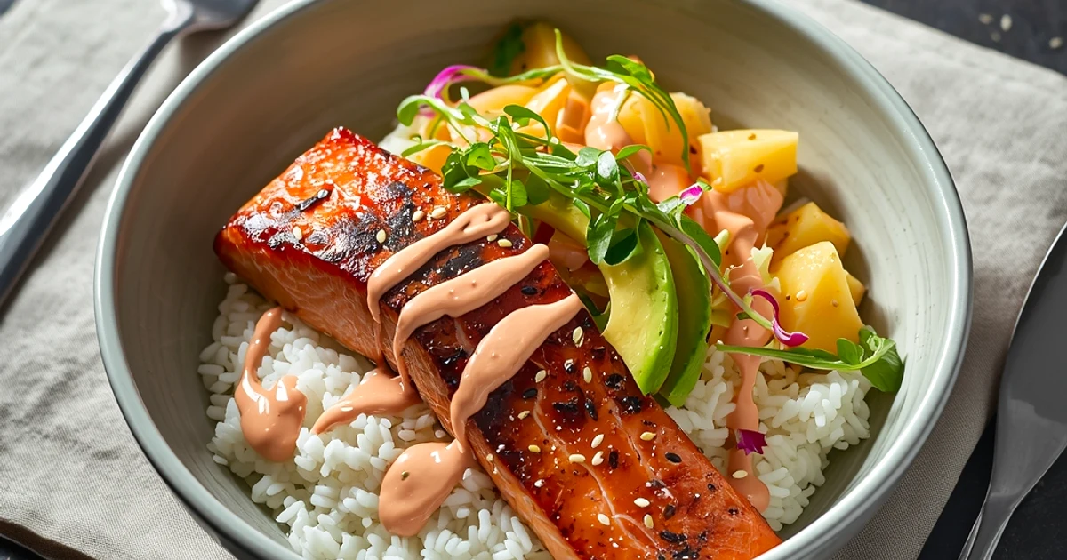 Bols de saumon grillé à la sauce épicée et salade d'ananas