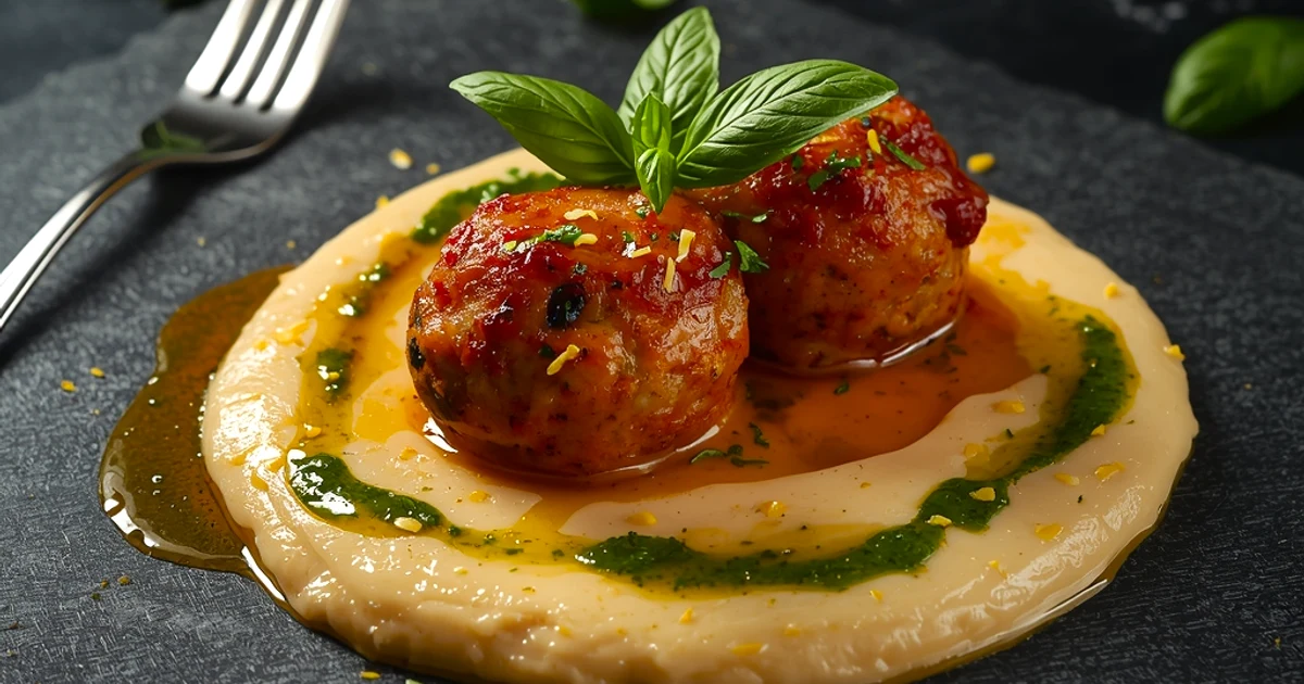 Boulettes de poulet au pesto et crémeux de haricots blancs au citron