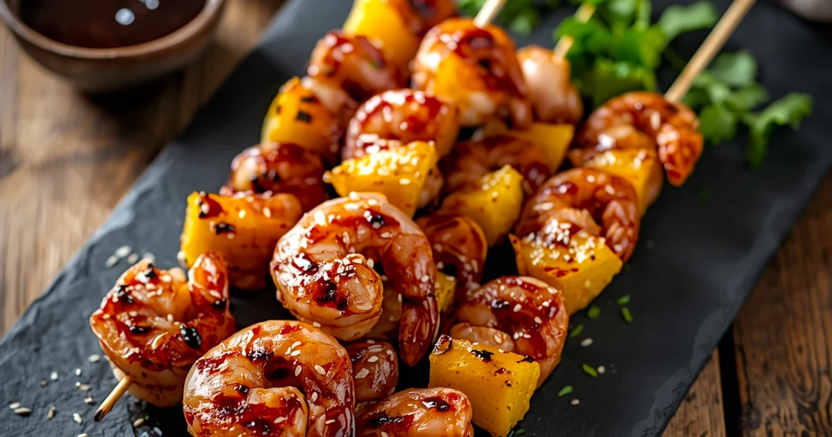 Brochettes de crevettes et d'ananas laquées à la sauce soja douce