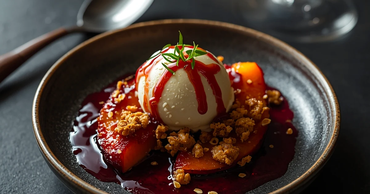 Crumble généreux aux pêches, mûres et caramel de cassonade