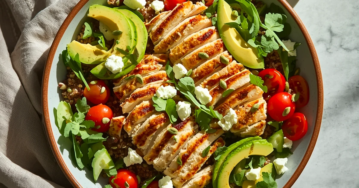 Grande salade repas au poulet doré et légumes croquants