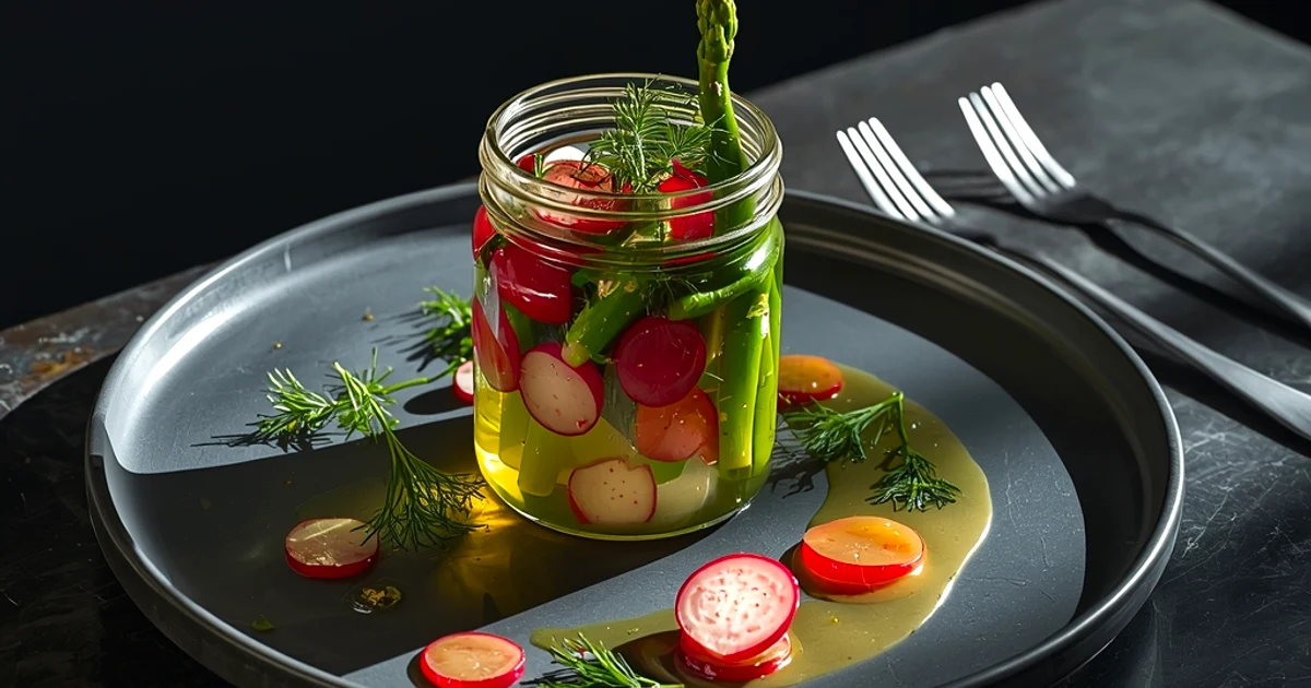 Bocal de légumes printaniers fermentés à l'ail des ours et à l'aneth