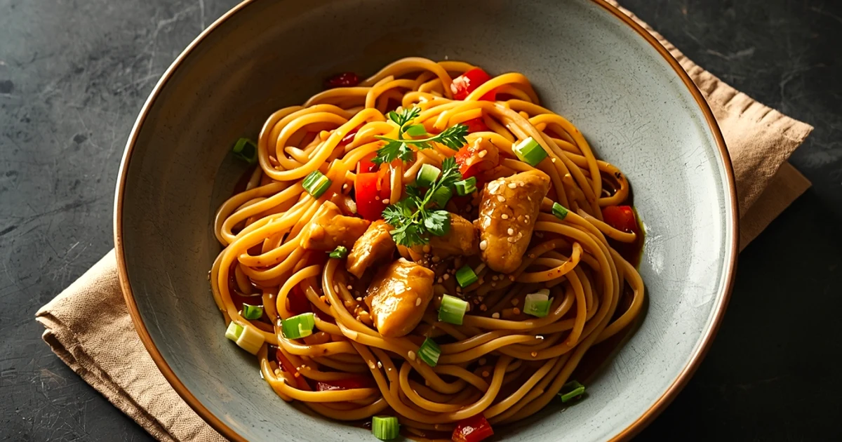 Nouilles sautées au poulet haché, gingembre et sauce onctueuse aux cacahuètes