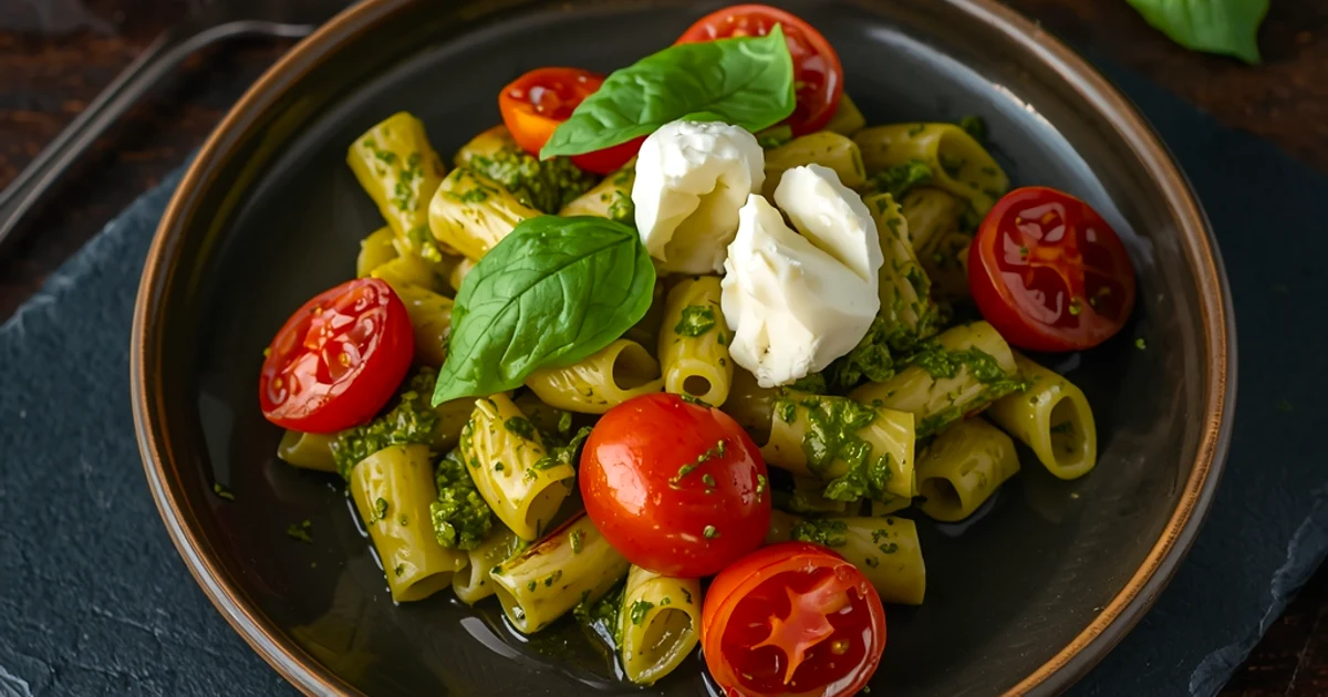 Pâtes au pesto de basilic, tomates cerises rissolées et burrata crémeuse