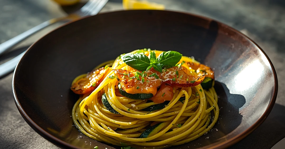 Pâtes crémeuses aux courgettes confites et citron acidulé