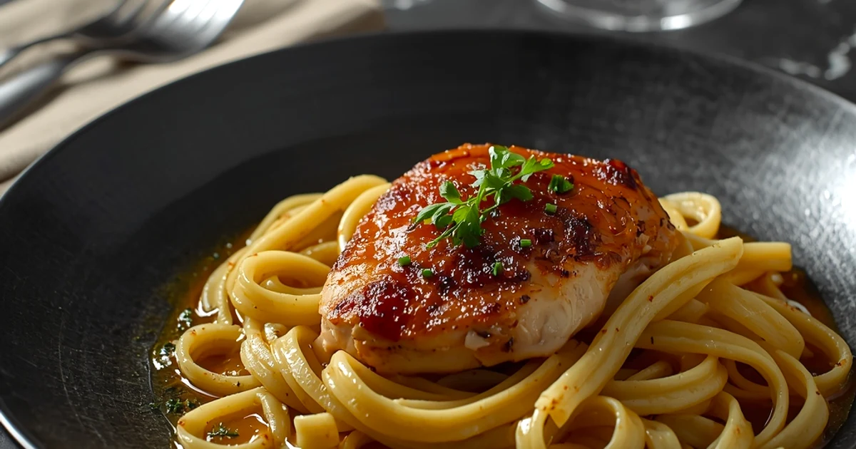 Pâtes crémeuses au fromage ail et fines herbes et poulet doré