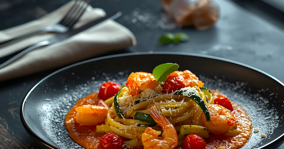 Pâtes aux crevettes sautées, courgettes fondantes et tomates cerises fraîches