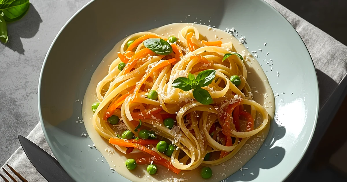 Pâtes printanières aux légumes croquants et sauce onctueuse à la noix de cajou