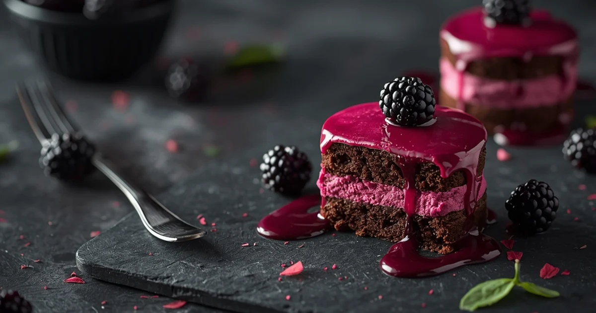 Petits gâteaux fondants au chocolat, thé Earl Grey et glaçage aux mûres