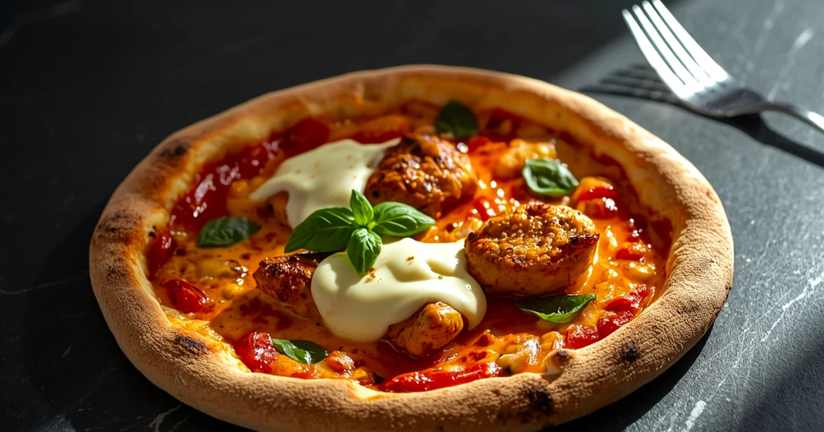 Pizza croustillante au poulet et parmesan garnie de légumes du soleil