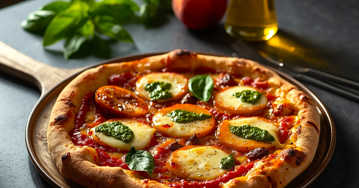 Pizza d'été aux pêches fraîches, pesto maison et mozzarella