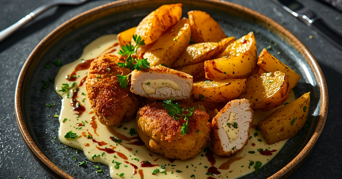 Hauts de cuisse de poulet croustillants, pommes terre rôties et sauce crémeuse fumée