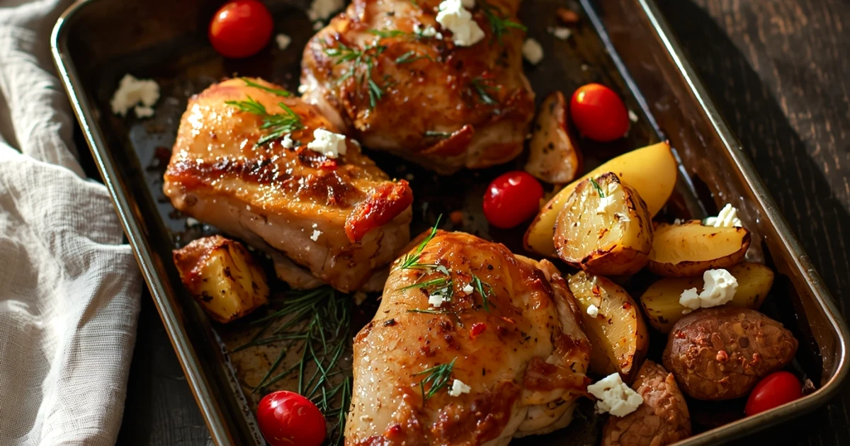 Poulet grec au four et pommes de terre croustillantes sur plaque