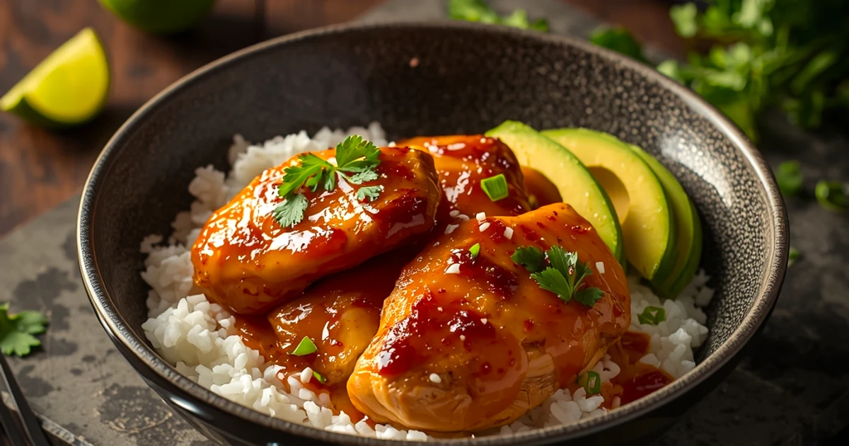 Poulet laqué au miel et citron vert, riz crémeux au coco