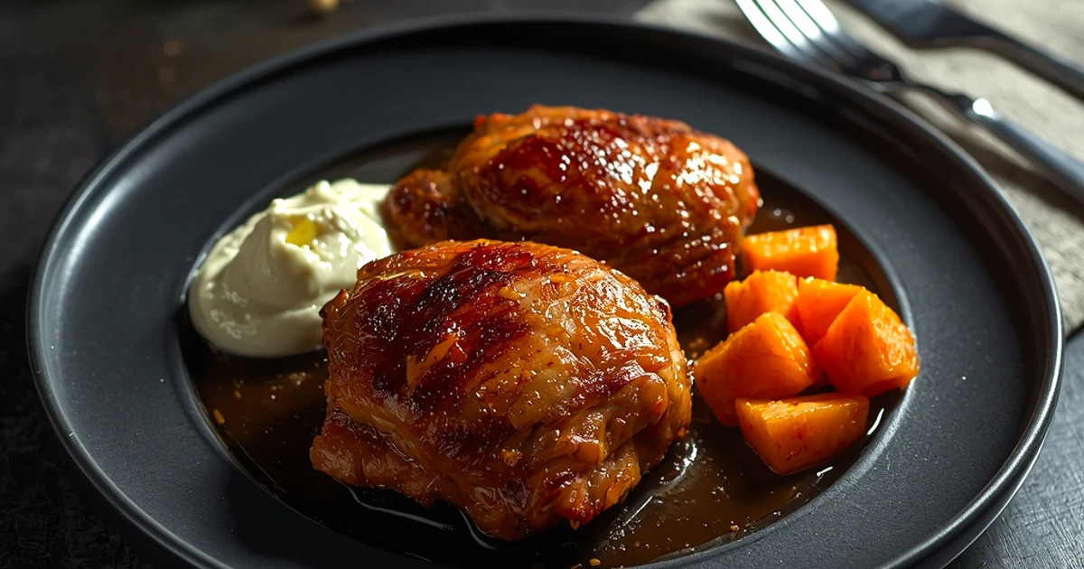 Poulet rôti au citron et ail, patates douces fondantes et sauce crémeuse à la feta