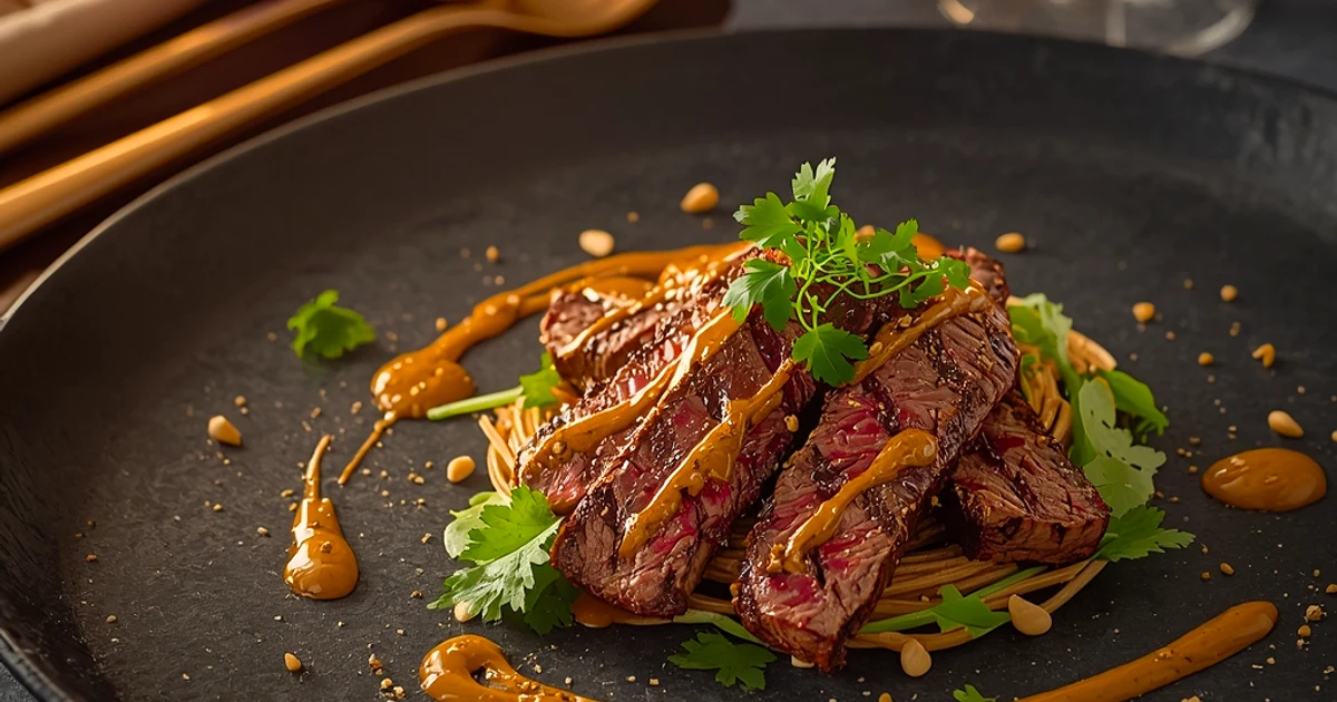 Salade de bœuf grillé à la thaïlandaise et sa sauce onctueuse aux cacahuètes