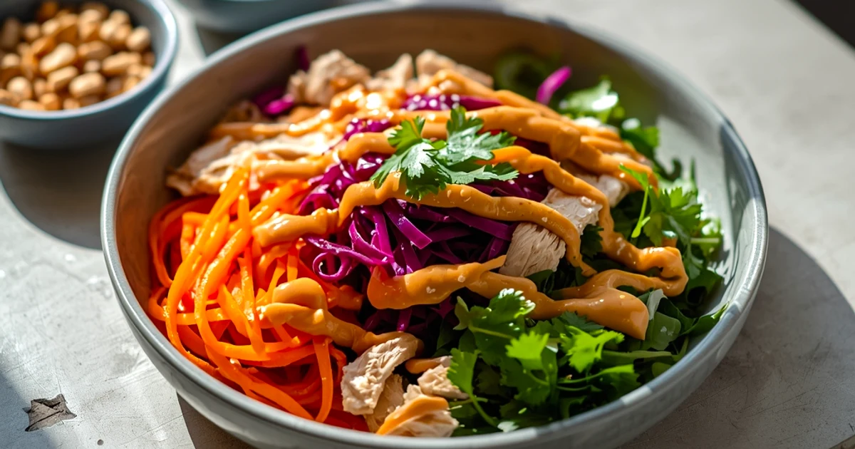 Salade croquante de nouilles ramen au poulet et sa sauce crémeuse aux cacahuètes