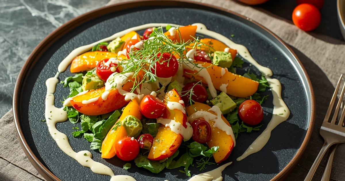 Salade d'été aux pêches, avocat et tomates, sauce sésame-aneth