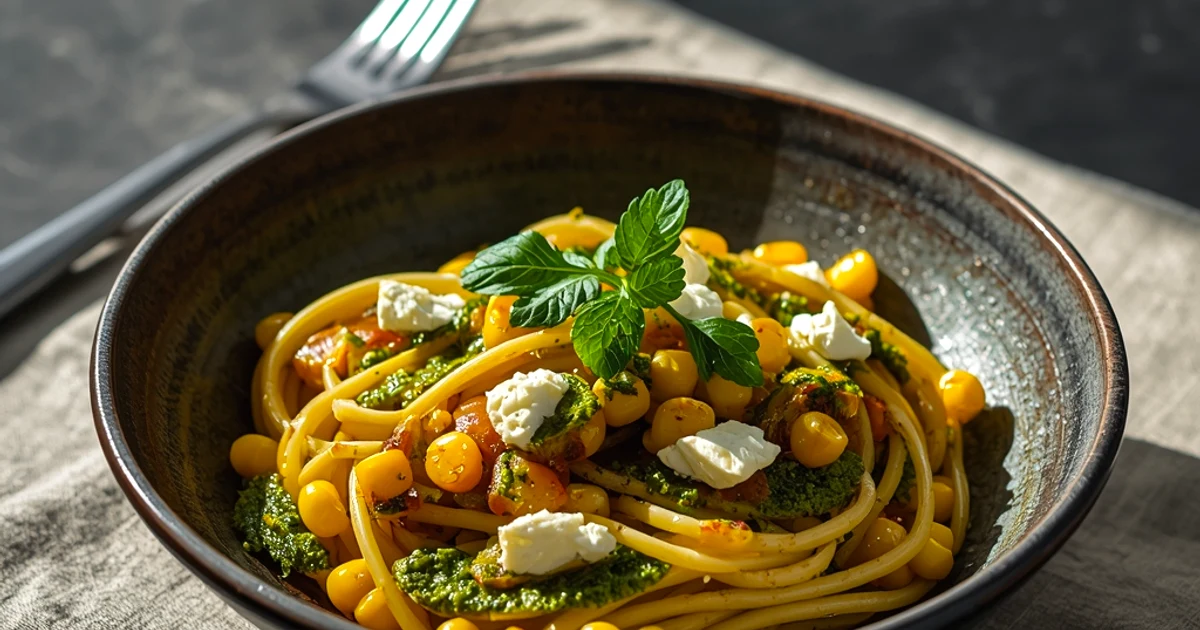 Salade de pâtes au maïs doré, pesto de coriandre sauvage et chèvre frais