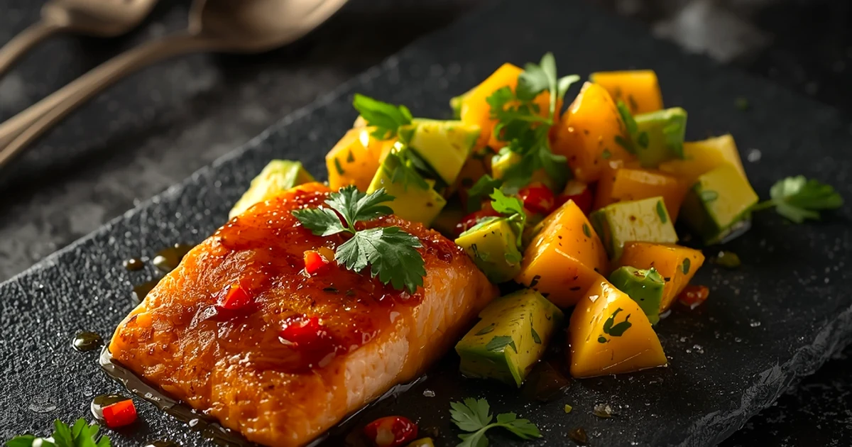 Saumon laqué doux-épicé et sa salsa fraîche de pêche et avocat