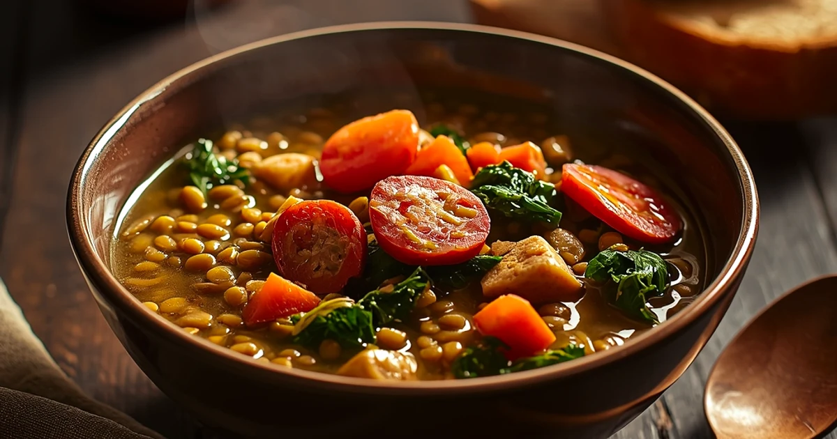 Soupe réconfortante de lentilles aux saucisses de volaille fumées et paprika