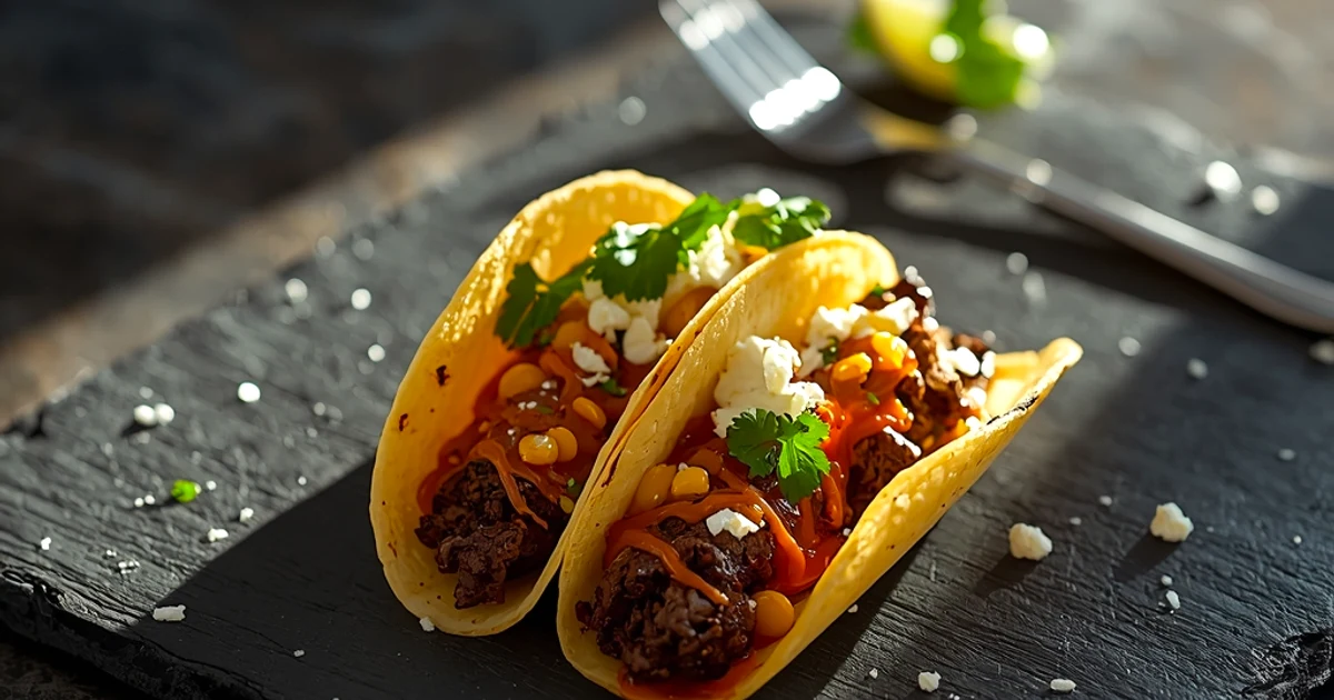 Tacos croustillants au bœuf écrasé et maïs grillé à la mexicaine