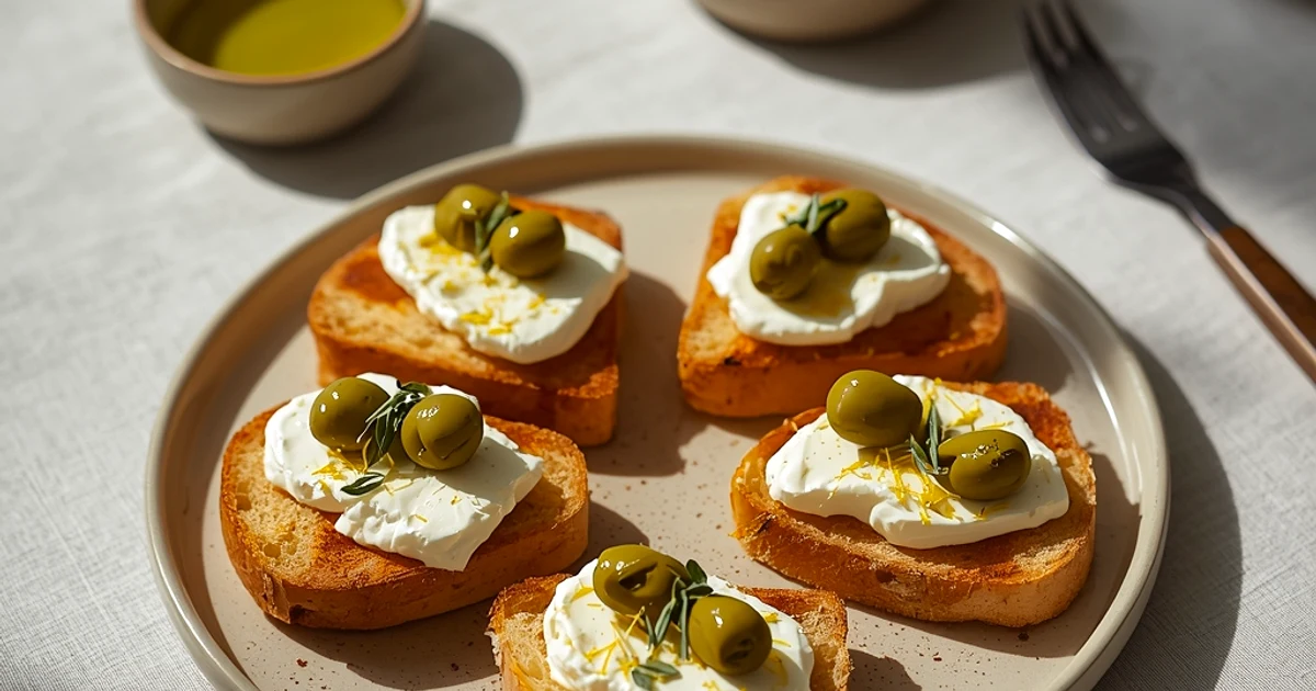 Tartines croustillantes aux olives vertes écrasées et burrata crémeuse