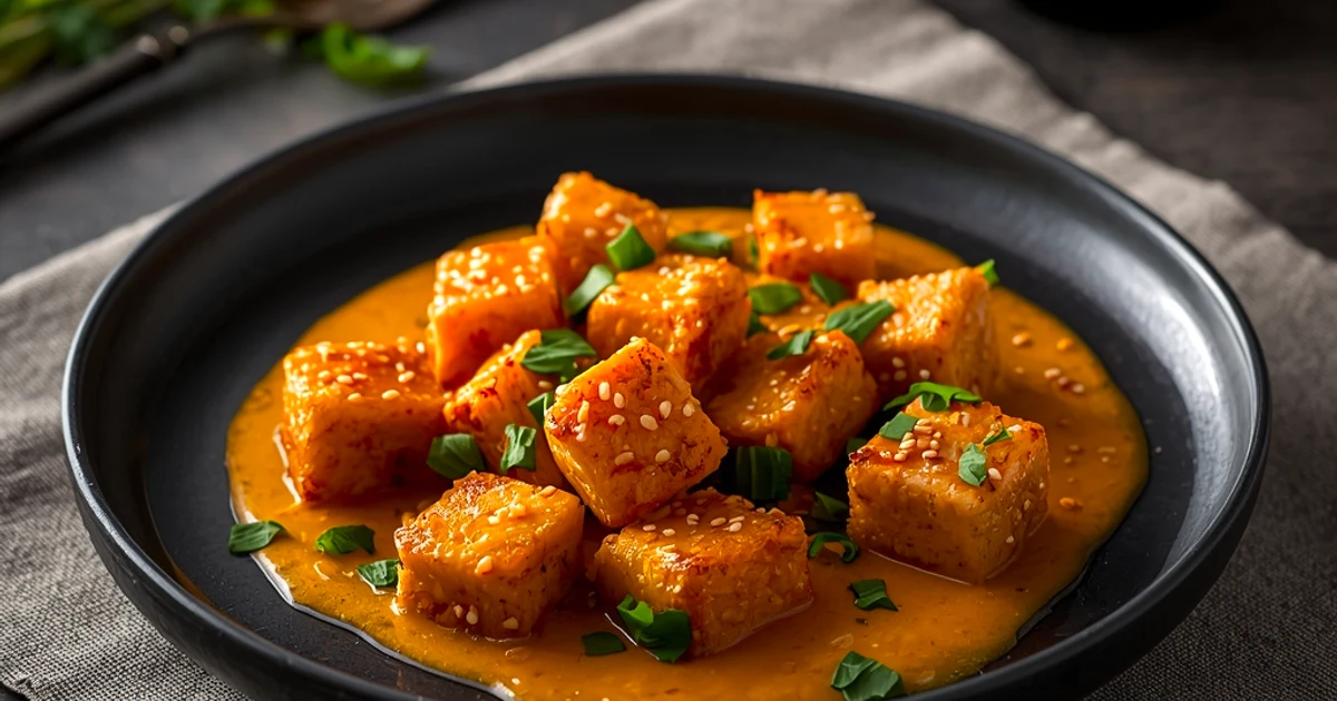 Tofu croustillant à la sauce crémeuse pimentée et ail frais